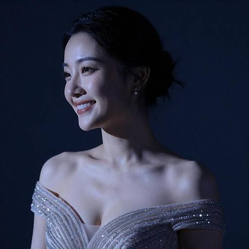 Blue-Lit Elegant Portrait with Sparkling Dress