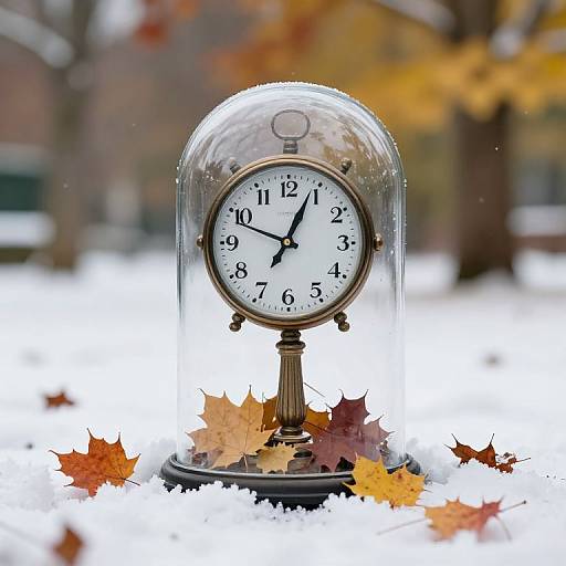 Photograph of a vintage clock with a clear dome, surrounded by autumn leaves on a snowy ground, with blurred trees in the background.