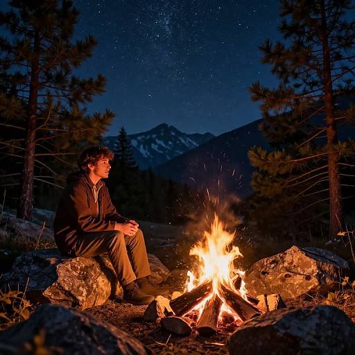 Photograph of a young man with curly hair, sitting by a bright campfire at night, surrounded by pine trees and mountainous background under a star