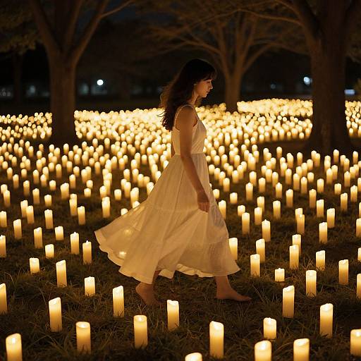 Photograph of a woman in a flowing white dress walking through a field of glowing candles at night, with trees in the background.