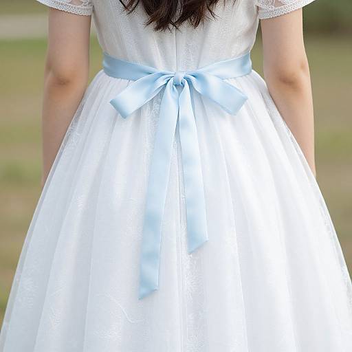 Photograph of a woman's back in a white, short-sleeved, lace-trimmed dress with a light blue satin ribbon bow at the
