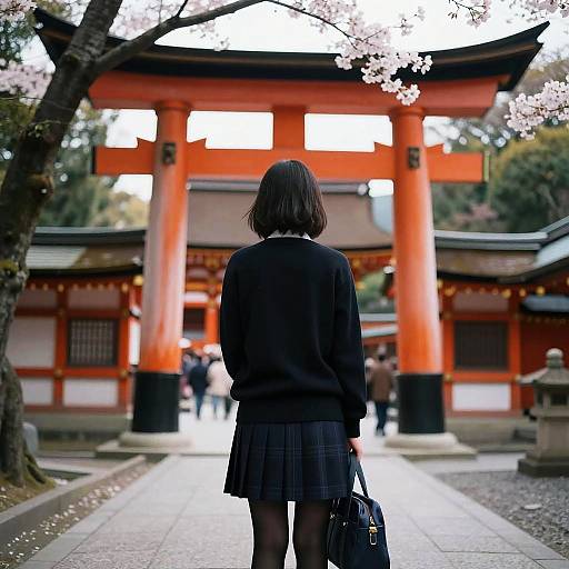 Photograph of a girl in a black school uniform and plaid skirt, holding a bag, standing before a vibrant red torii gate with cherry bloss