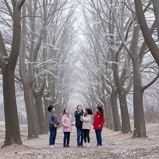 Photograph of four Asian children, dressed in winter clothes, standing in a lined tree grove with sparse white blossoms.