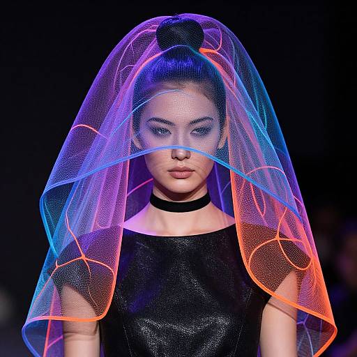 Photograph of a model with vibrant neon blue, purple, and orange mesh veil, black choker, and sleek black dress, against a dark background