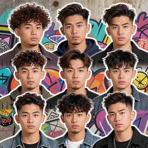 Photograph of nine Asian men with varying curly and straight hairstyles, wearing dark jackets, against vibrant graffiti-laden concrete wall.