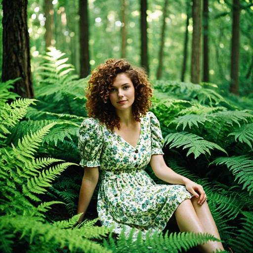 Woman in Floral Dress Sitting Among Ferns