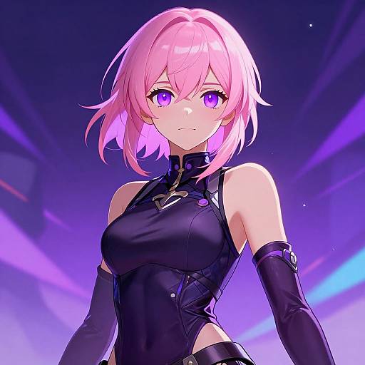 Digital anime-style artwork of a pink-haired, purple-eyed woman with fair skin, wearing a black, high-collared, sleeveless leather outfit,