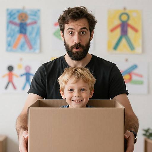 Father and Son Playing with Cardboard Box