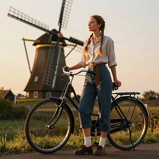 Young woman with braided hair, wearing striped shirt and blue pants, stands beside a black bicycle in front of a traditional Dutch windmill at sunset.