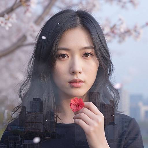Photograph of a young Asian woman with long, black hair, holding a red flower against a blurred cityscape and cherry blossom background.