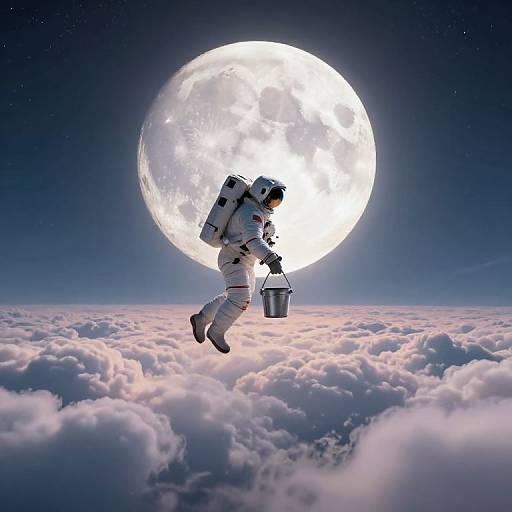 Digital artwork of an astronaut floating mid-air, holding a bucket, against a luminous full moon and starry sky, surrounded by fluffy clouds.
