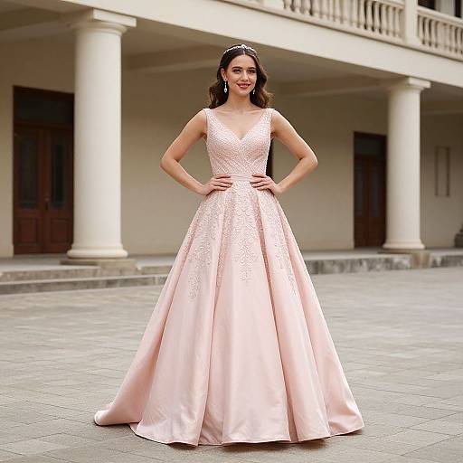 Photograph of a smiling woman in a pink, sleeveless, V-neck, full-length ball gown with sequin detailing, standing on a stone-p