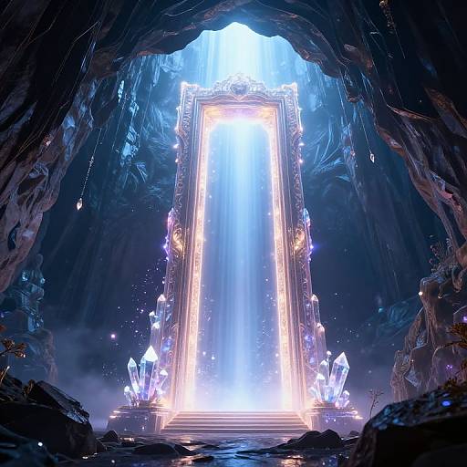 Digital artwork of a glowing, crystal-encrusted, illuminated rectangular portal emitting bright blue light, centered within a dark, rocky cave.