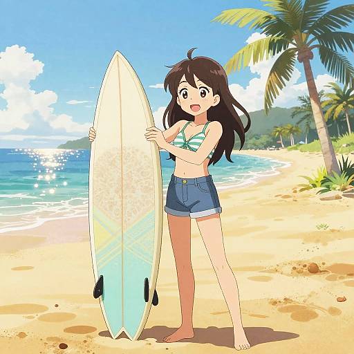 Anime Girl with Surfboard on Beach
