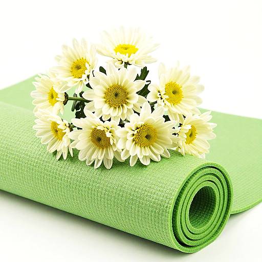 Photograph of a green textured yoga mat rolled up with a bouquet of white daisies with yellow centers on top.