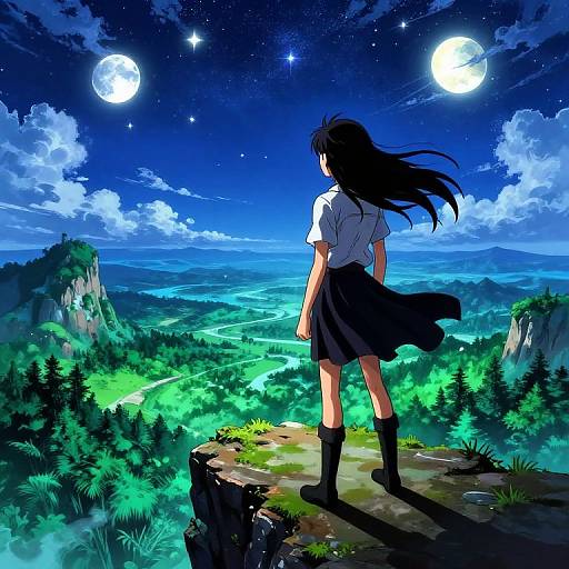 Anime-style digital artwork of a girl with long black hair standing on a rock, gazing at a starry night sky with full moons over a lush