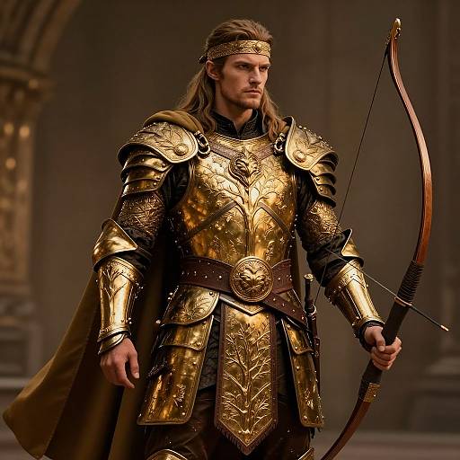 Photograph of a tall, long-haired man in golden, intricately engraved medieval armor with a bow, standing in a dimly lit, grandio