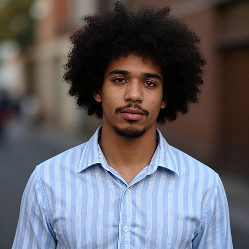 Photograph of a young Black man with a large afro, mustache, and goatee, wearing a blue striped shirt, standing in a blurred
