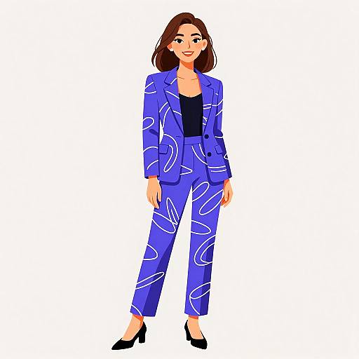 Digital illustration of a smiling woman with medium-length brown hair, wearing a blue patterned suit, black top, and black heels.