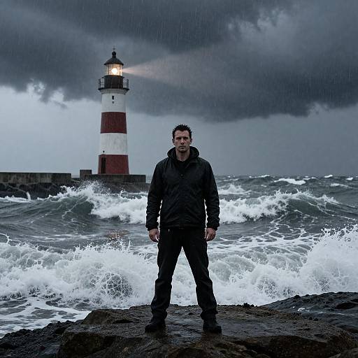 Man Facing Stormy Sea with Lighthouse