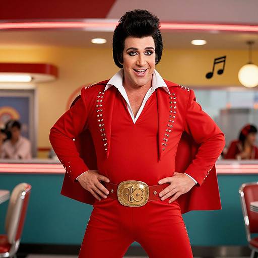 Photorealistic CGI of a smiling man with black hair, wearing a red, studded, button-up suit with a gold belt, standing confidently in