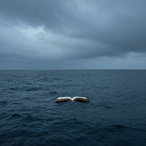 Photograph of a dark blue ocean under a cloudy, gray sky, with the white, curved tail of a whale partially above water.