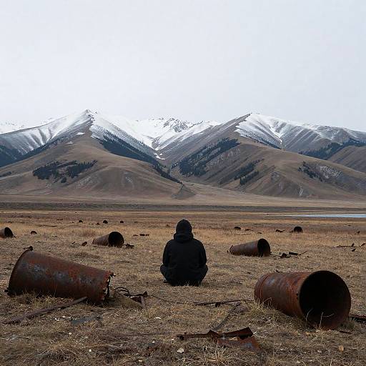 Solitary Figure Amidst Rusted Wreckage