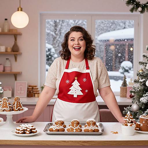 Photograph of a smiling, curvy, dark-haired woman in a red apron with a white Christmas tree design, baking gingerbread cookies in a