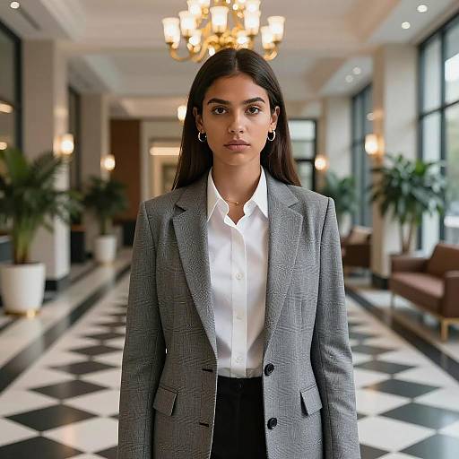 Professional Woman in Gray Plaid Blazer in Office Lobby
