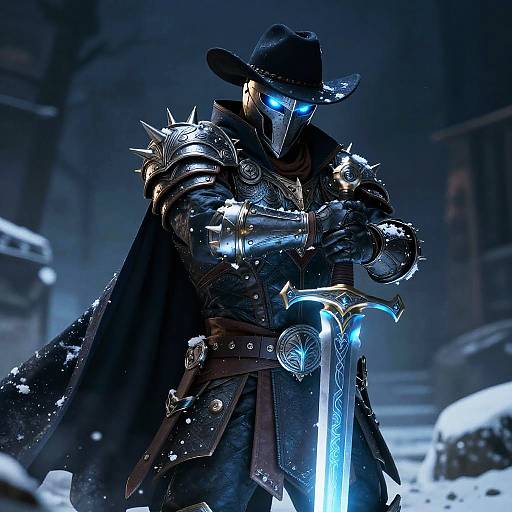 Digital artwork of a mysterious, armored figure in a black cowboy hat, glowing blue eyes, and intricate armor, holding a glowing blue sword in a snowy