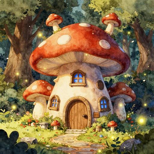 Whimsical digital painting of a fairy-tale mushroom house with red, white-spotted caps, wooden door, glowing windows, surrounded by glowing fire