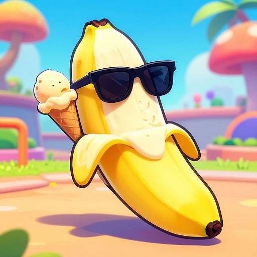 Digital cartoon of a yellow banana with black sunglasses, holding a white ice cream cone, set against a colorful, sunny outdoor background.