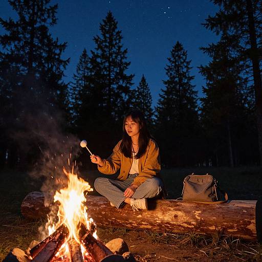 Photograph of a young woman with long black hair, wearing a brown jacket and jeans, roasting marshmallows over a campfire at night,