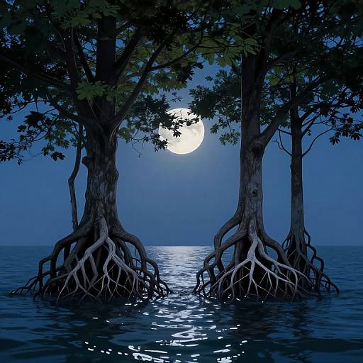 Photograph of two large trees with exposed roots standing in calm, dark blue water at night, with a bright full moon shining through their leaves.