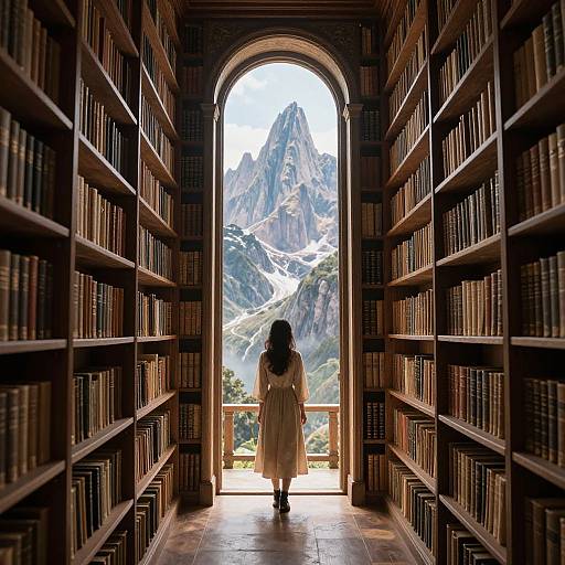 Photograph of a woman in a beige dress standing in a library aisle, facing a mountain view through an arched window.