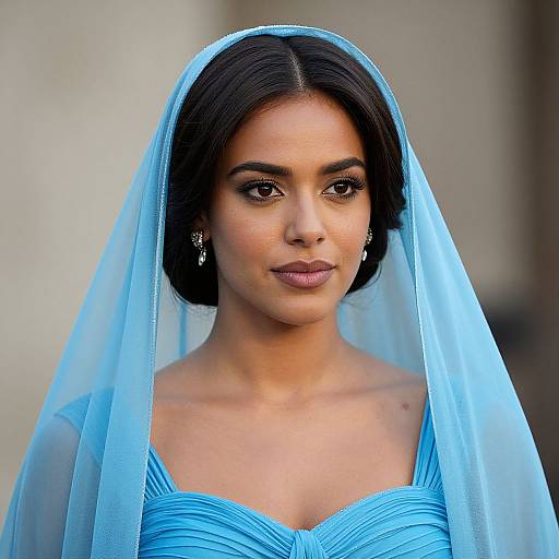 Photograph of a beautiful South Asian woman with dark hair, wearing a light blue veil and matching dress, with delicate earrings, smiling softly against a blurred