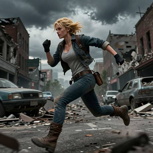 Photograph-style digital art of a determined blonde woman in a blue jacket, jeans, and gloves, running through a stormy, war-torn urban