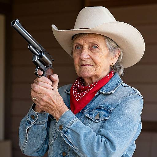 Elderly woman with white cowboy hat, red bandana, denim jacket, holding a black revolver, serious expression, wooden background, photograph.