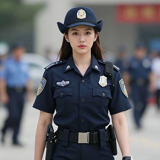 Photograph of an Asian female police officer with long black hair, wearing a navy uniform, hat, and badge, standing in a blurred urban background.