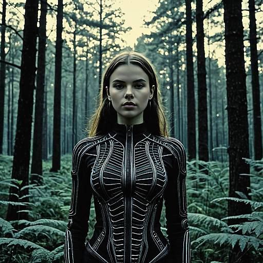 Teenage Girl in Futuristic Outfit in Forest
