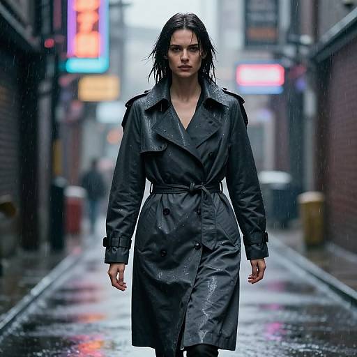 Photograph of a serious, wet-haired woman in a dark, rain-splattered trench coat walking down a rain-soaked, neon-lit urban