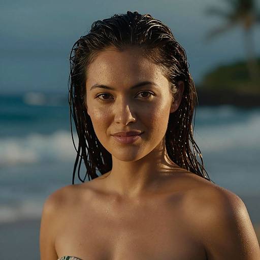 Photograph of a topless, wet-haired Asian woman with medium skin tone and brown eyes, smiling at the camera on a beach.