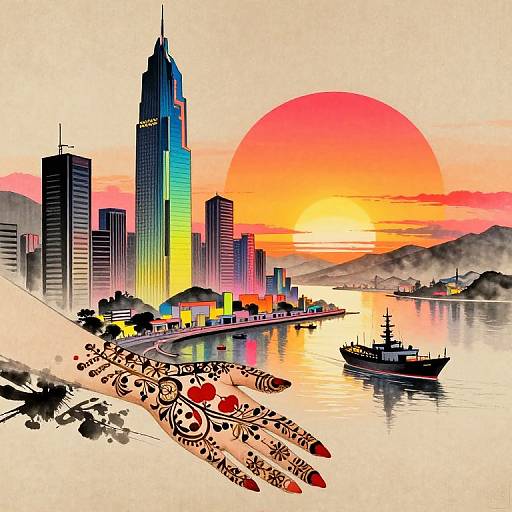 Digital illustration of a vibrant sunset over a city skyline with a tall, gradient-colored skyscraper, colorful buildings, reflective water, and a ship, featuring