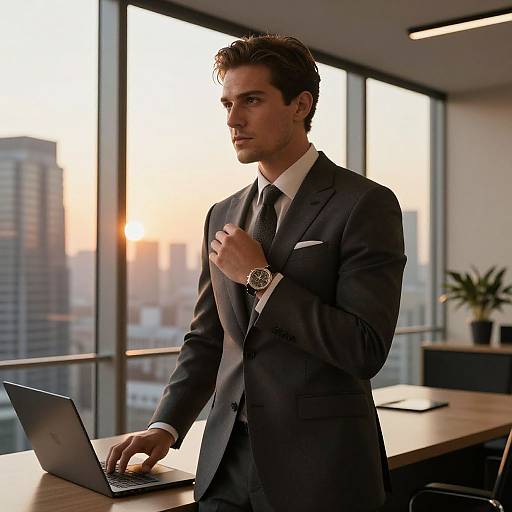 Photograph of a handsome man in a dark suit, white shirt, and black tie, typing on a laptop in a modern office with cityscape sunset