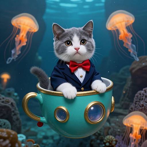 Digital artwork: Adorable gray-and-white kitten in a black tuxedo with red bowtie, sitting in a teal teacup with gold rims