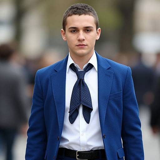 Photograph of a young Caucasian man with short brown hair, wearing a navy blue blazer, white shirt, and black polka-dotted tie,