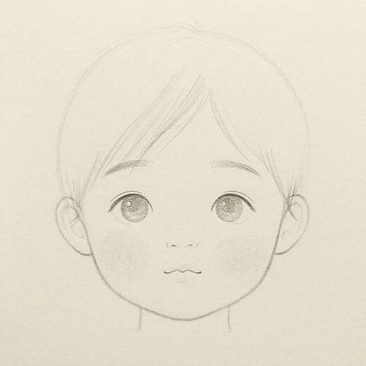 Minimalist pencil sketch of a young child with large, expressive eyes, short hair, and a neutral expression on a white background.