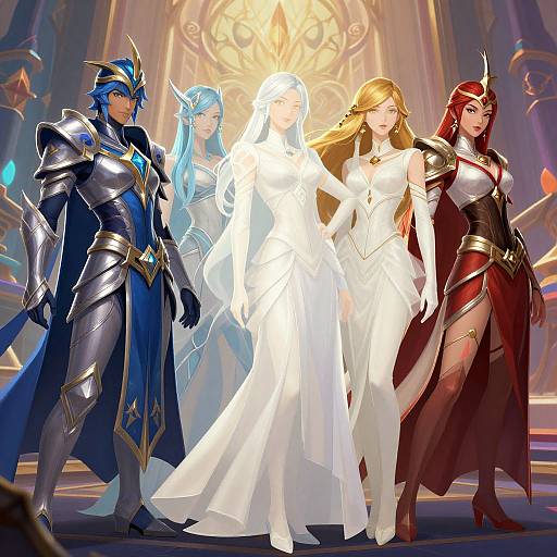 Digital art of five fantasy characters: armored blue-haired man, blue-haired elf, glowing white-robed woman, blonde woman in white gown, red-haired