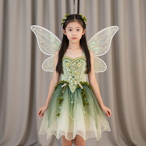 Photograph of an Asian girl with long black hair, wearing a green fairy dress, illuminated fairy wings, and a leafy crown, standing against gray