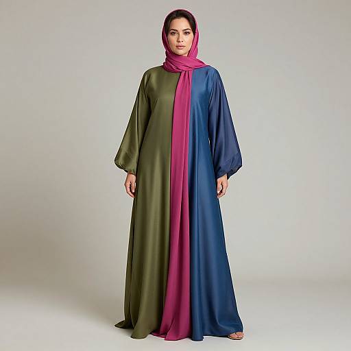 Photograph of a woman standing, wearing a long, two-toned robe in olive green and navy blue, with a vibrant pink headscarf.